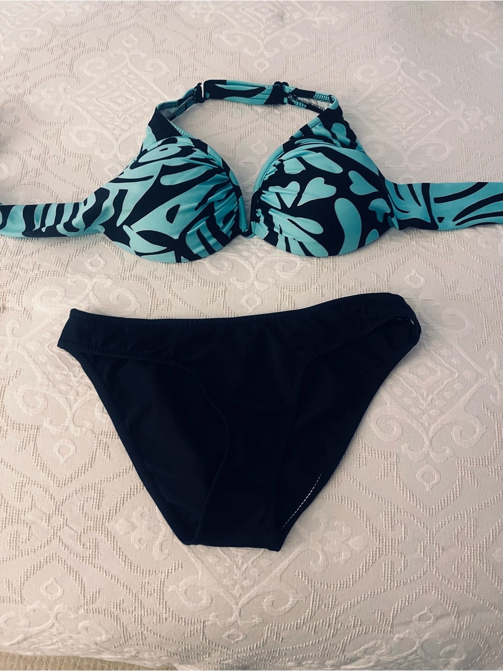 Teal Swim Set. Printed Padded Halter Top with Black Bikini Bottom